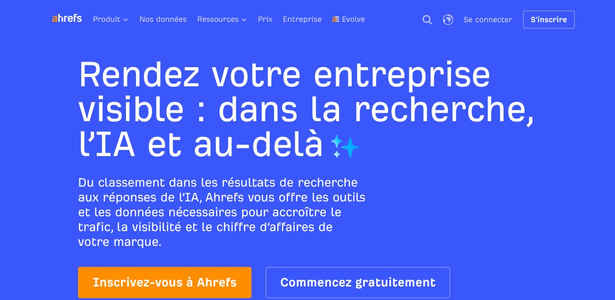 Page d'accueil d'Ahrefs, plateforme d'analyse des liens entrants, des mots-clés et des concurrents