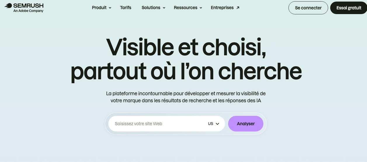 Page d'accueil de Semrush, plateforme qui réunit données de mots-clés, audit et visibilité dans les IA