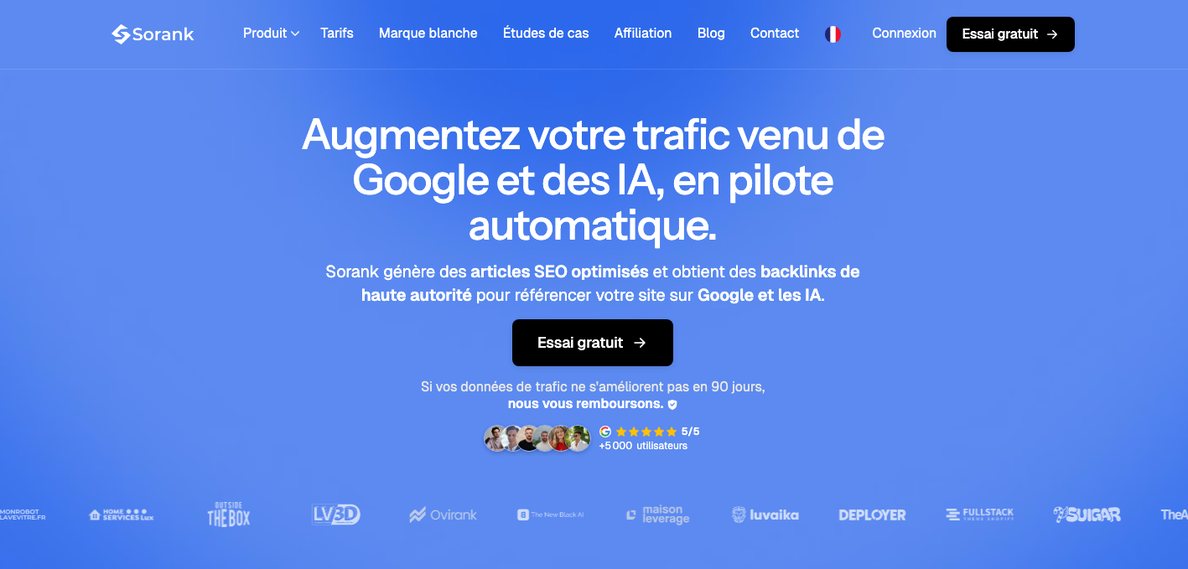 Page d'accueil de Sorank, logiciel SEO français qui rédige, publie et suit la visibilité sur Google et dans les IA
